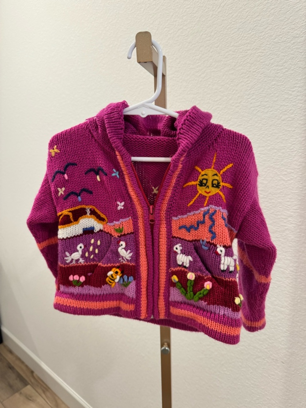 Kids Peruvian pink knit sweater sun animals flowers size 2t